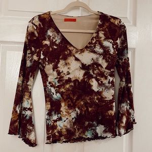 90s Vintage Barami | Brown Tie Dye Blouse w Sheer Sleeves | Fits Like Size XS/S
